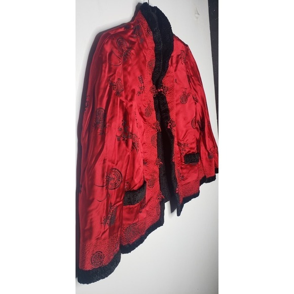 Vintage Red Satin Embroidered Asian Cheongsam Black Curly Lamb Short Coat Small - Picture 2 of 10